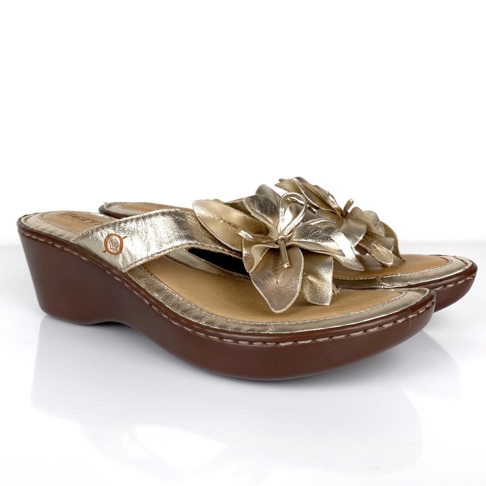 Born Women’s Metallic Leather Flower Wedge Sandals